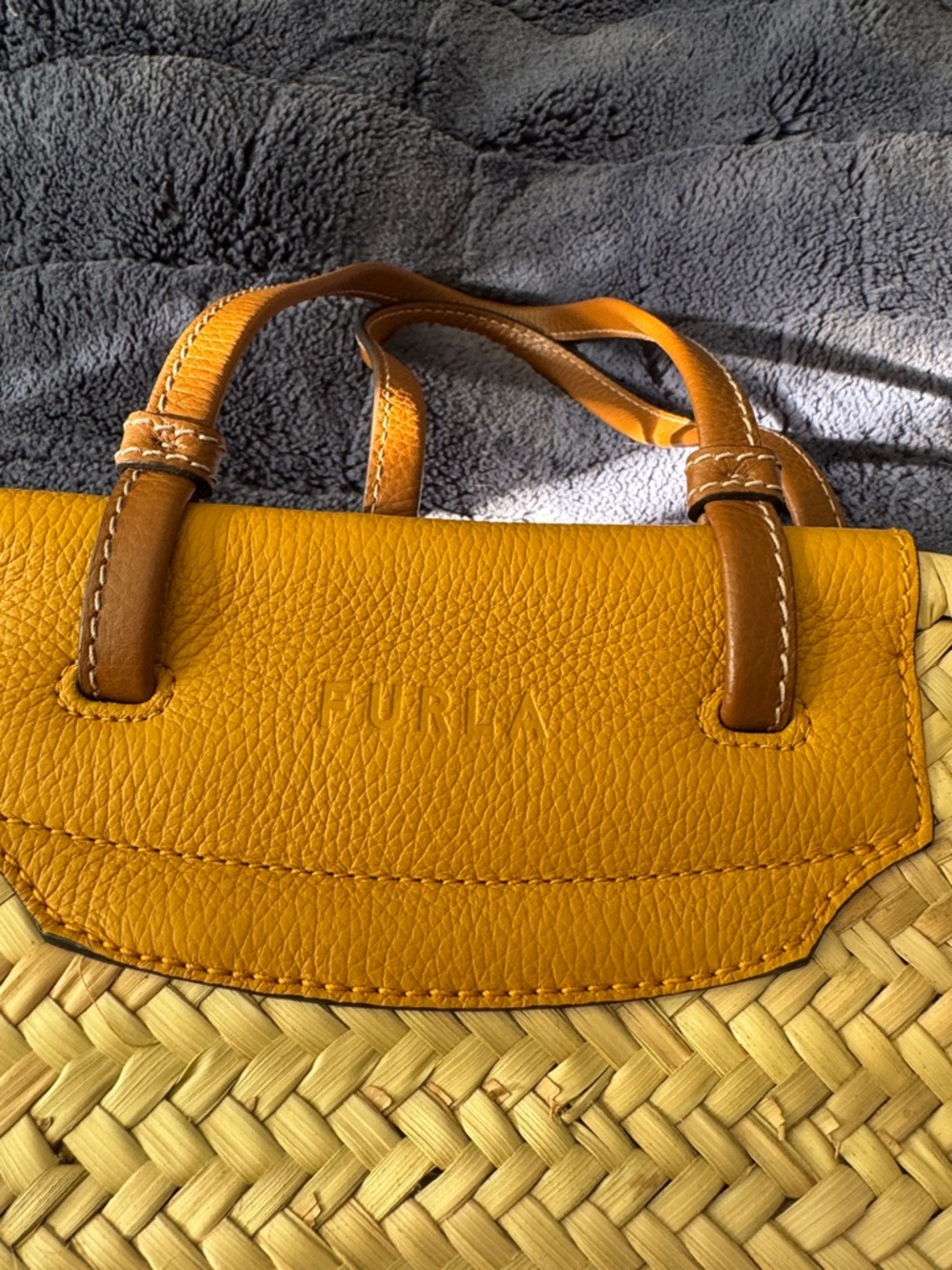 Furla Yellow Woven Tote with Tan Leather Handles - Picture 2 of 12